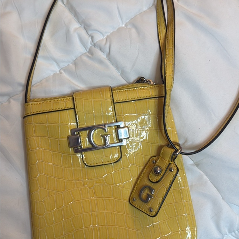 G by Guess Yellow Croc-Embossed Patent Crossbody Bag
